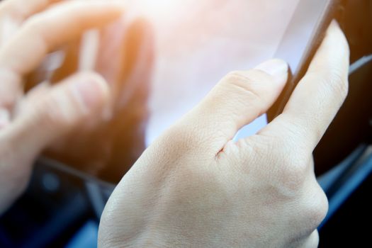 close up image of using digital tablet,Doing business the modern way concept background