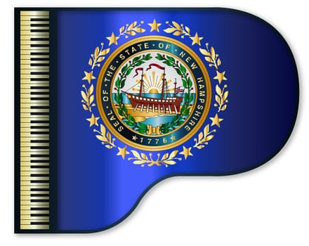 The New Hampshire state flag set into a traditional black grand piano