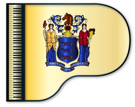 The New Jersey state flag set into a traditional black grand piano