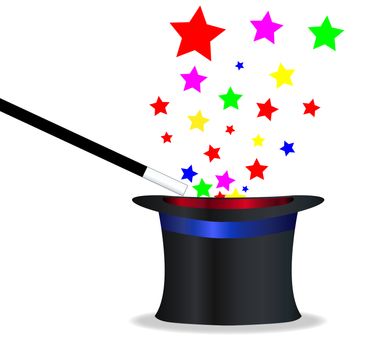 A magicians hat and wand with magic stars over a white background