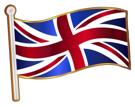 A fluttering Union Jack flag pin badge over a white background