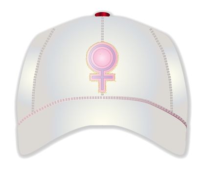 A white typical baseball cap with the female sign over white