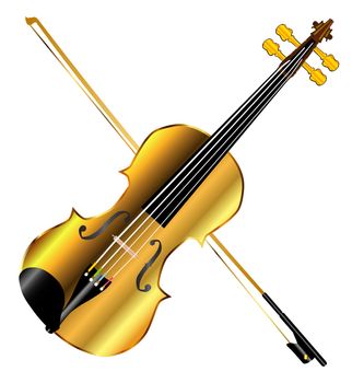 A golden violin and bow isolated over a white background