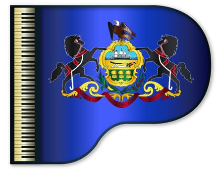 The Pennsylvania state flag set into a traditional black grand piano