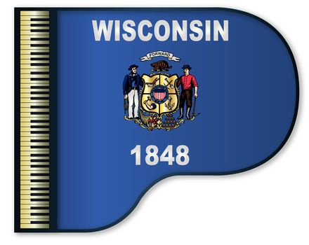 The Wisconsin state flag set into a traditional black grand piano