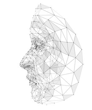Human face consisting of lines, polygons and dots. 3d illustration on a white background
