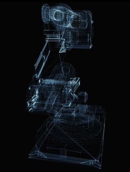 Industrial robot arm consisting of luminous lines and dots. 3d illustration on a black background