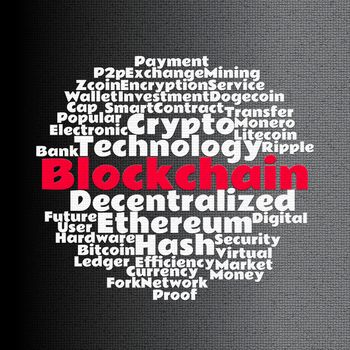 Blockchain wordcloud concept on mosaic dark background