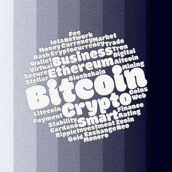 Bitcoin wordcloud concept on many colours background