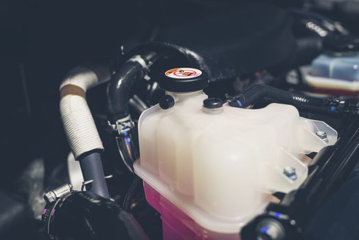 Coolant tank and warning information in engine room