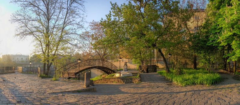 Corner of old Odessa near Mother in law bridge to Primorsky Boulevard in a spring morning. Panorama view.