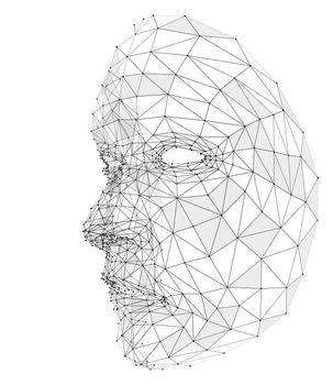 Human face consisting of lines, polygons and dots. 3d illustration on a white background