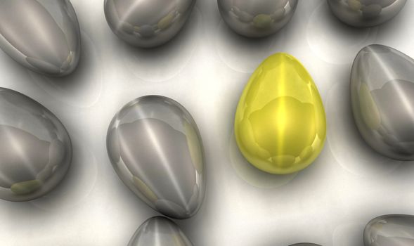 An outstanding golden egg among silver ones. 3D render concept