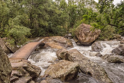 Two pedestrian bridges on the trail to the Cascades in the Mahai River in the Kwazulu-Natal Drakensberg
