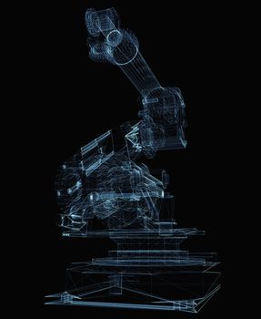 Industrial robot arm consisting of luminous lines and dots. 3d illustration on a black background