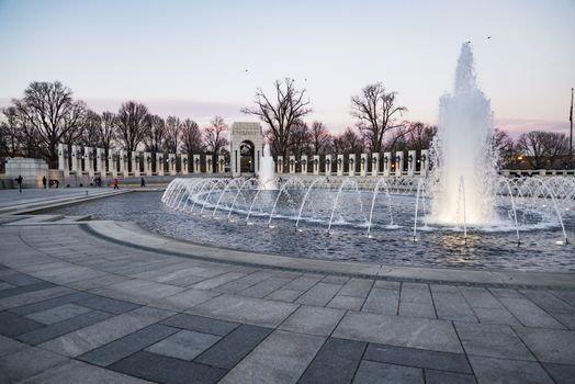 World War 2 Memorial at sunset during winter time in Washington DC
