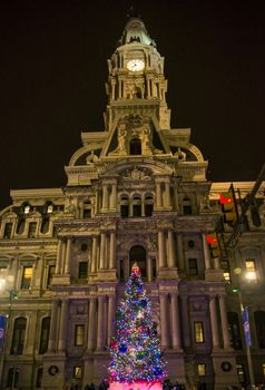 the famous Philadelphia city hall by night, Pennsylvania USA