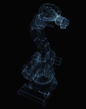 Industrial robot arm consisting of luminous lines and dots. 3d illustration on a black background