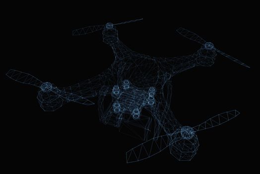 Drone concept consisting of luminous lines and dots. 3d illustration on a black background