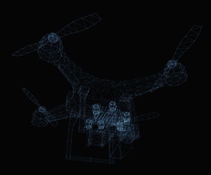 Drone concept consisting of luminous lines and dots. 3d illustration on a black background