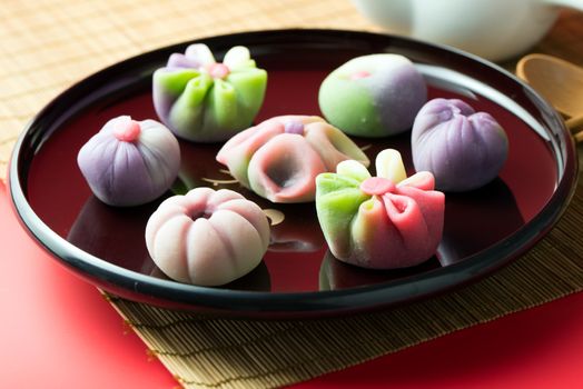 Japanese traditional confectionery cake wagashi served on plate