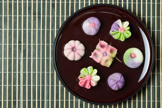 Japanese traditional confectionery cake wagashi served on plate