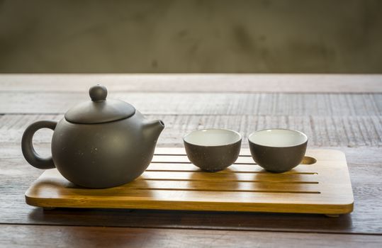Chinese tea set on a wooden background