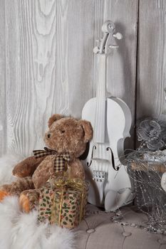 Christmas and New Year still life with toys and tree