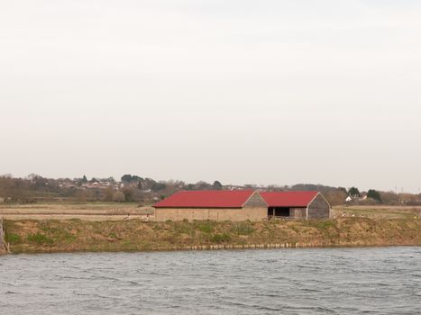 river stream water nature background with red farm roof houses; essex; england; uk