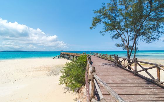 Wooden pier at Prison island near Zanzibar,  Beautiful turquoise water and white sand near Zanzibar, Tanzania