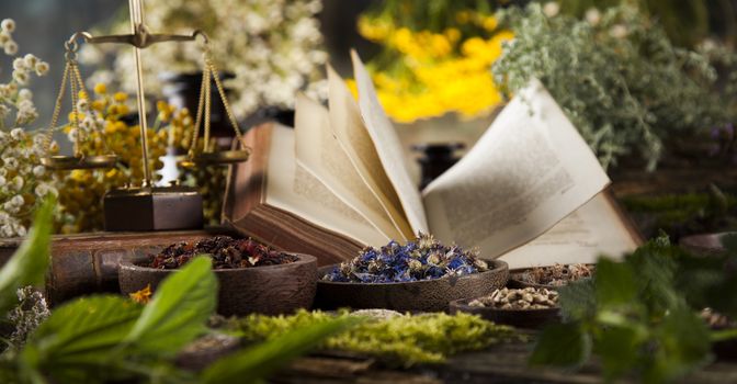 Natural medicine on wooden table background