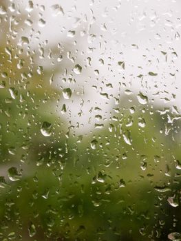 rain drops on glass door to garden; Essex; UK