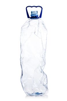 smashed empty plastic bottle, isolated on white background