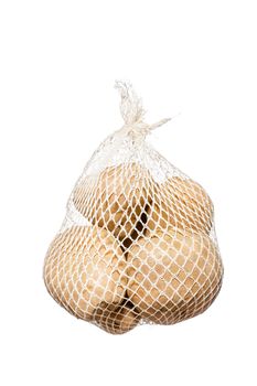 bunch fresh potatoes in a white mesh bag