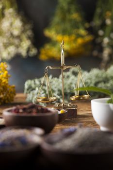 Herbal medicine on wooden desk background