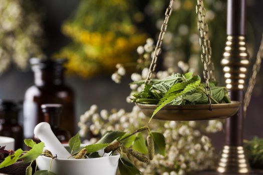 Natural medicine on wooden table background