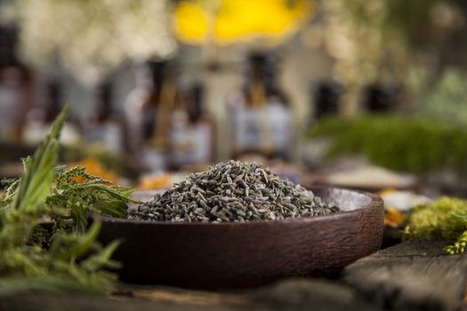 Natural medicine on wooden table background