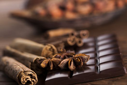 Bars Chocolate , candy sweet, dessert food on wooden background