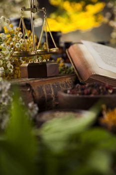 Natural medicine on wooden table background