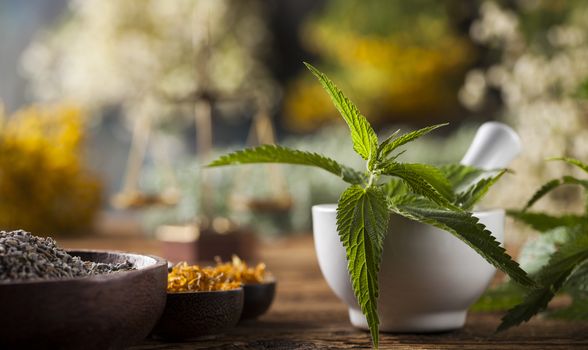 Natural medicine on wooden table background