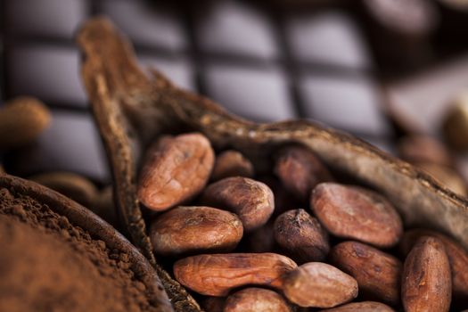 Chocolate sweet, cocoa pod and food dessert background