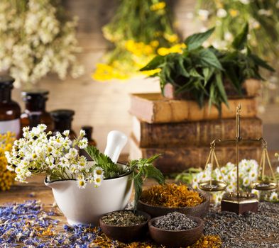 Herbs medicine,Natural remedy and mortar on vintage wooden desk background