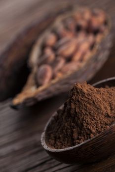 Cacao beans and powder and food dessert background