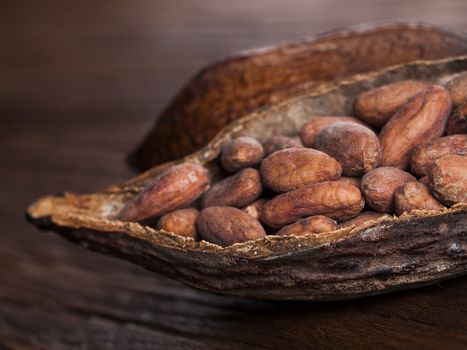 Cocoa pod on wooden background