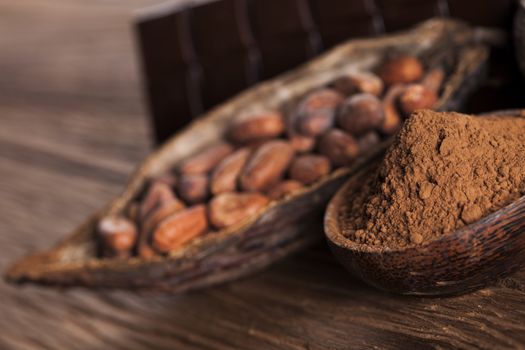 Cocoa pod on wooden background