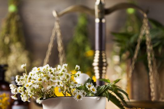 Natural medicine on wooden table background