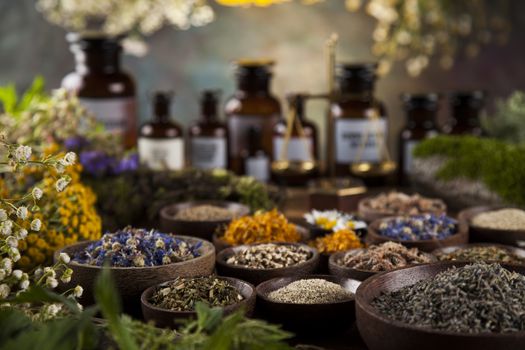 Natural medicine on wooden table background