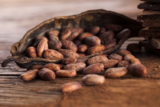 Cocoa pod on wooden background