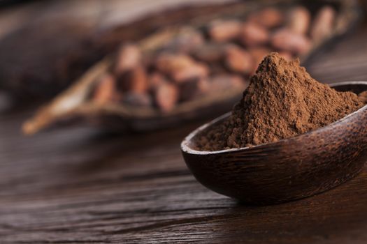 Cacao beans and powder and food dessert background