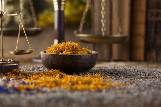 Natural medicine on wooden table background